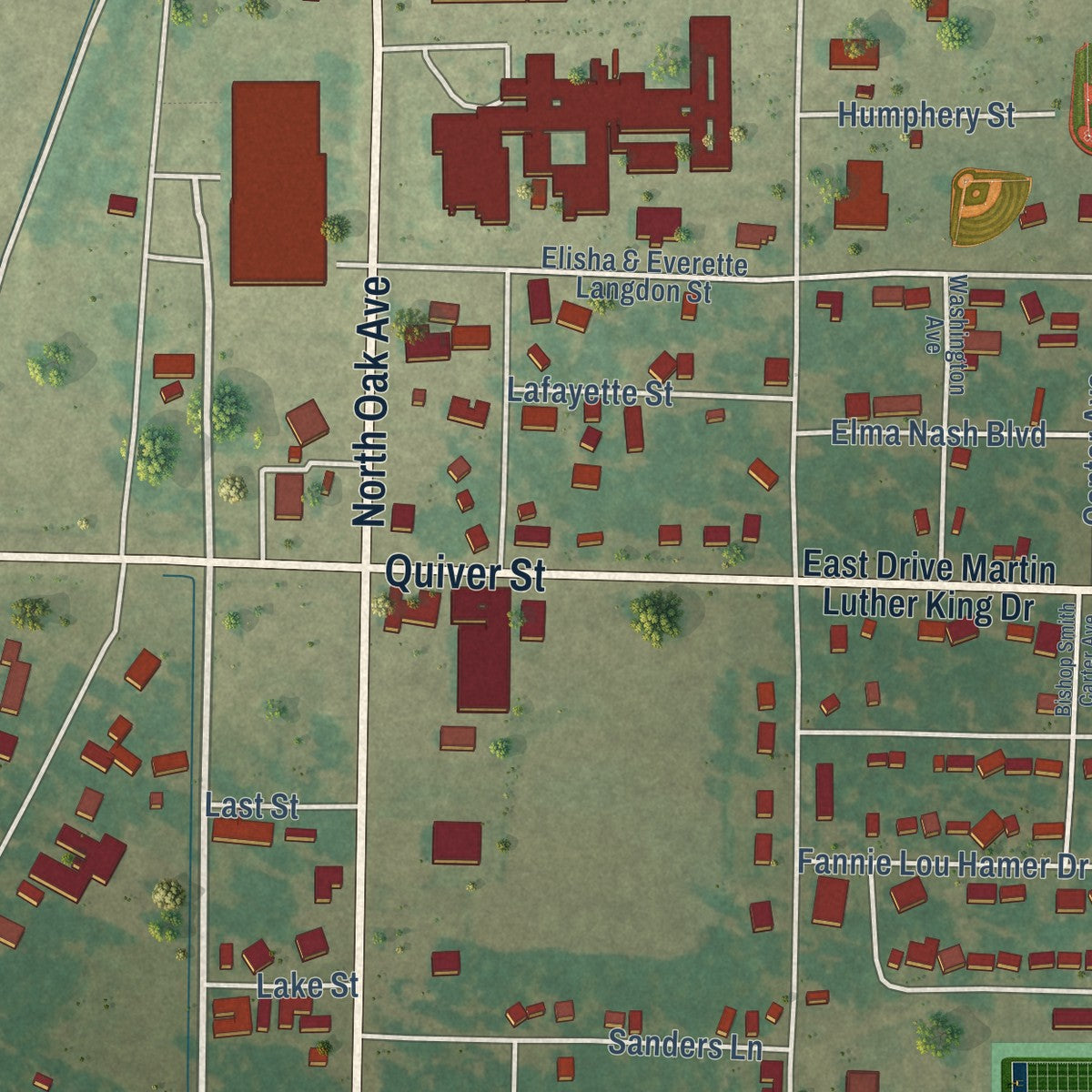 Close-up of the map of Ruleville, Mississippi print showing street and building detail