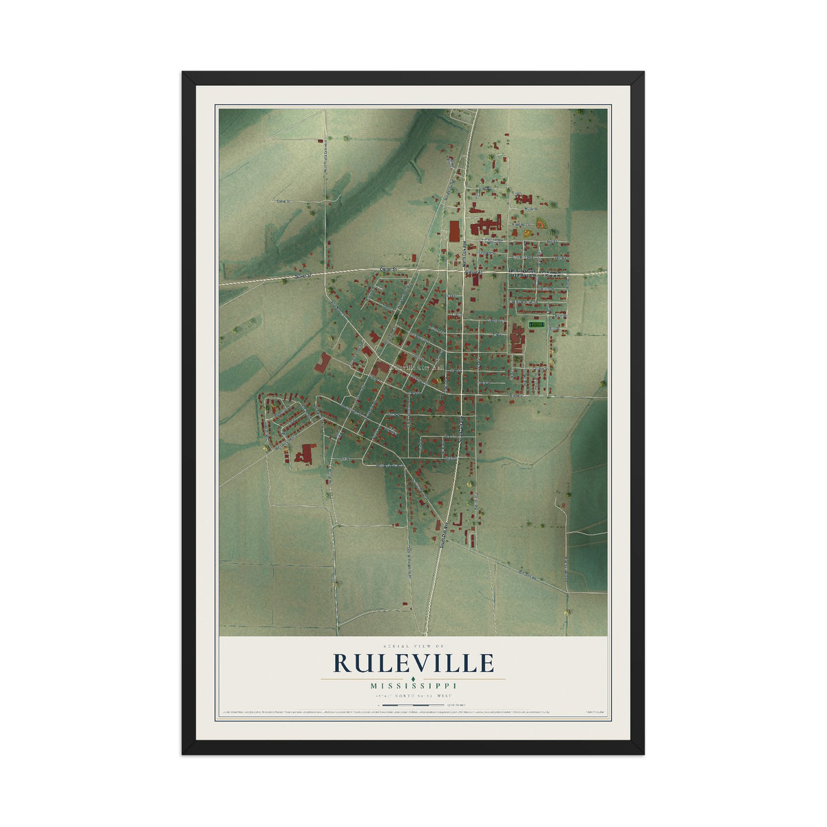 Map of Ruleville, Mississippi, 12 x 18 inch print in a black wood frame