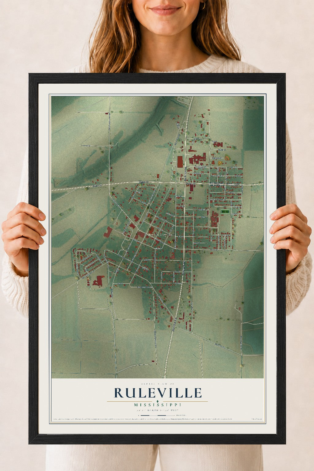 Map of Ruleville, Mississippi, 18 x 24 inch print in a black wood frame