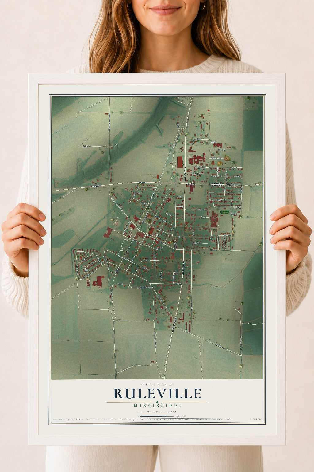 Map of Ruleville, Mississippi, 18 x 24 inch print in a white wood frame