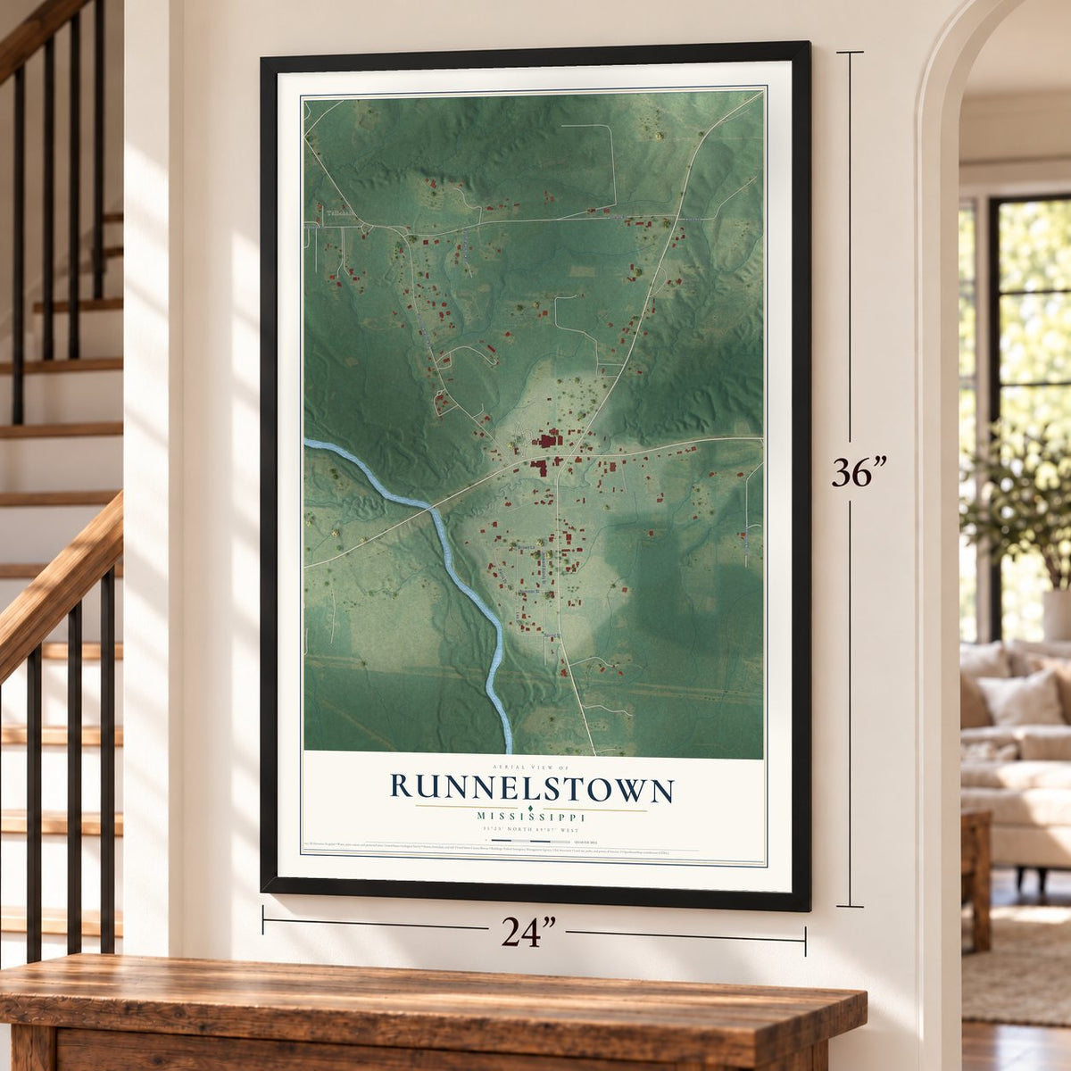 Runnelstown, Mississippi map, 24 x 36 inch print in a black frame by a staircase