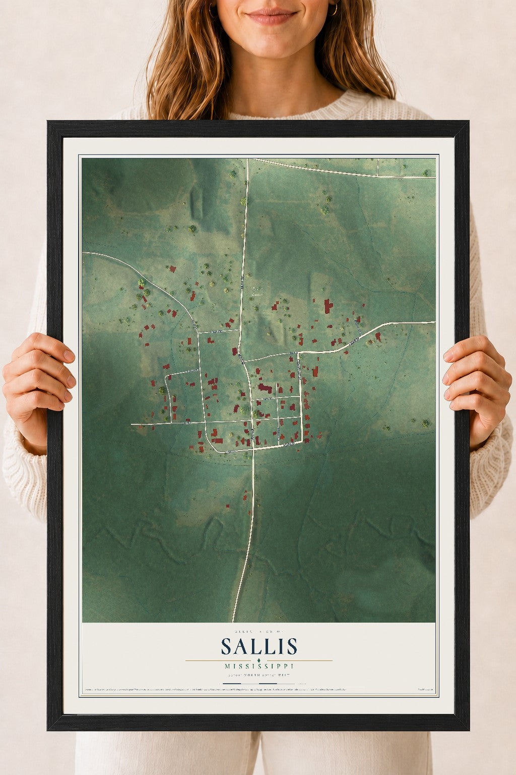 Map of Sallis, Mississippi, 18 x 24 inch print in a black wood frame