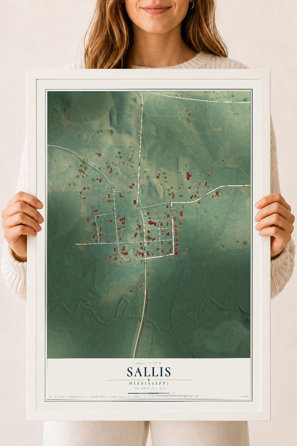 Map of Sallis, Mississippi, 18 x 24 inch print in a white wood frame