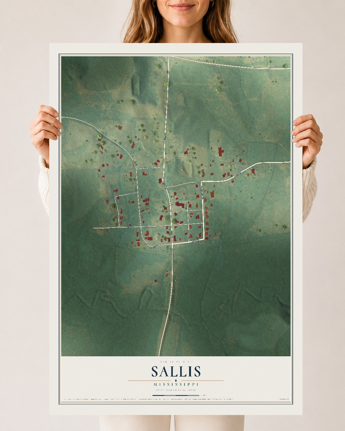 Map of Sallis, Mississippi, 24 x 36 inch unframed archival matte print