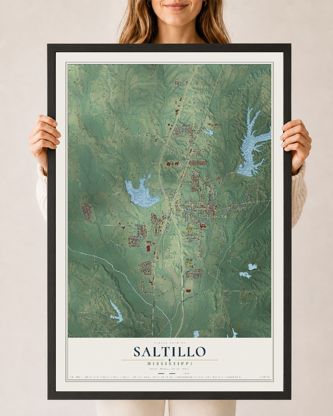 Map of Saltillo, Mississippi, 24 x 36 inch print in a black wood frame
