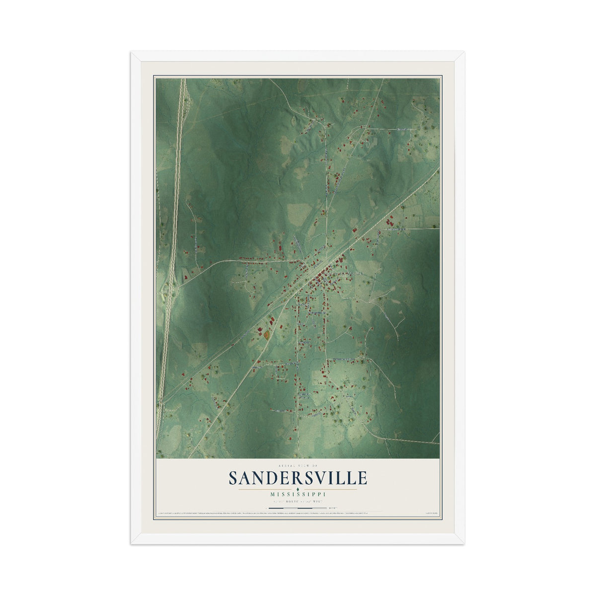 Map of Sandersville, Mississippi, 12 x 18 inch print in a white wood frame