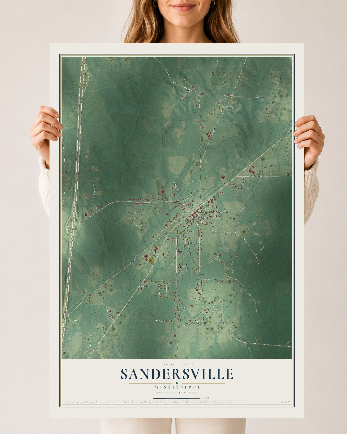 Map of Sandersville, Mississippi, 24 x 36 inch unframed archival matte print