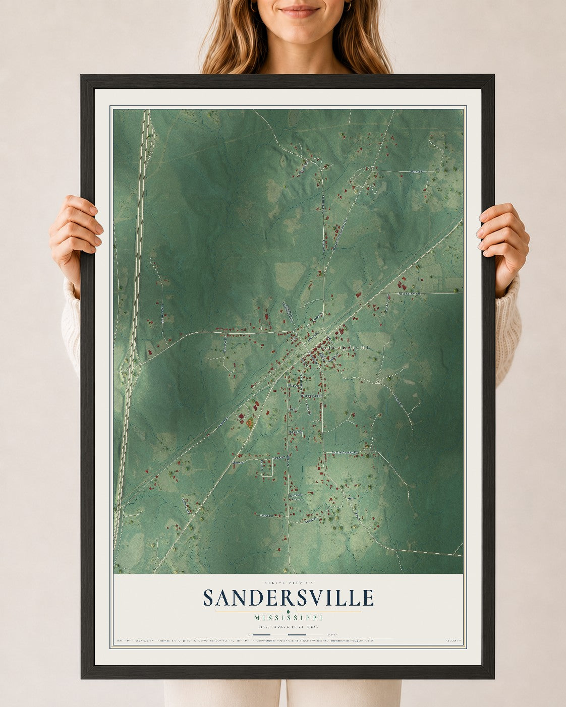 Map of Sandersville, Mississippi, 24 x 36 inch print in a black wood frame