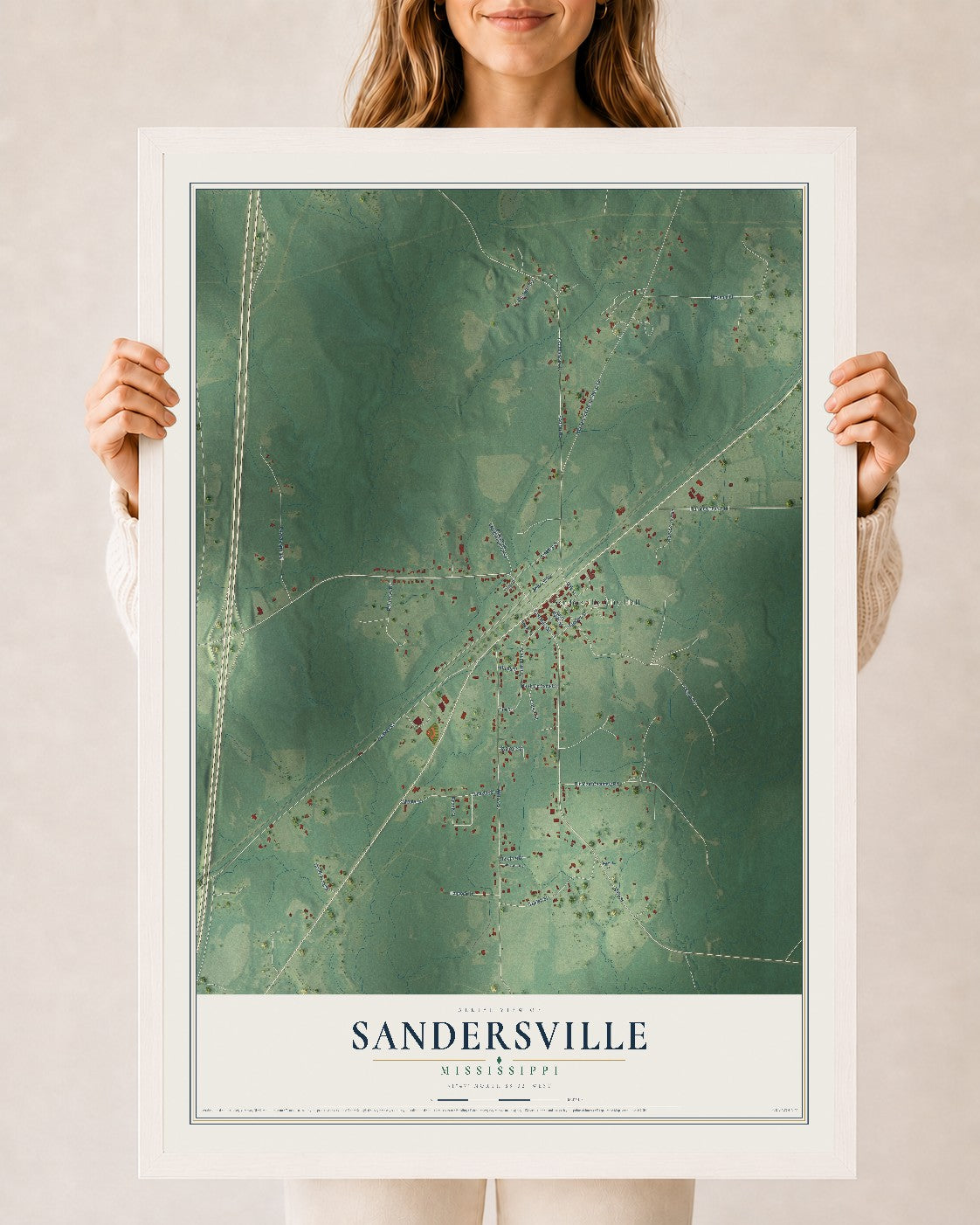 Map of Sandersville, Mississippi, 24 x 36 inch print in a white wood frame