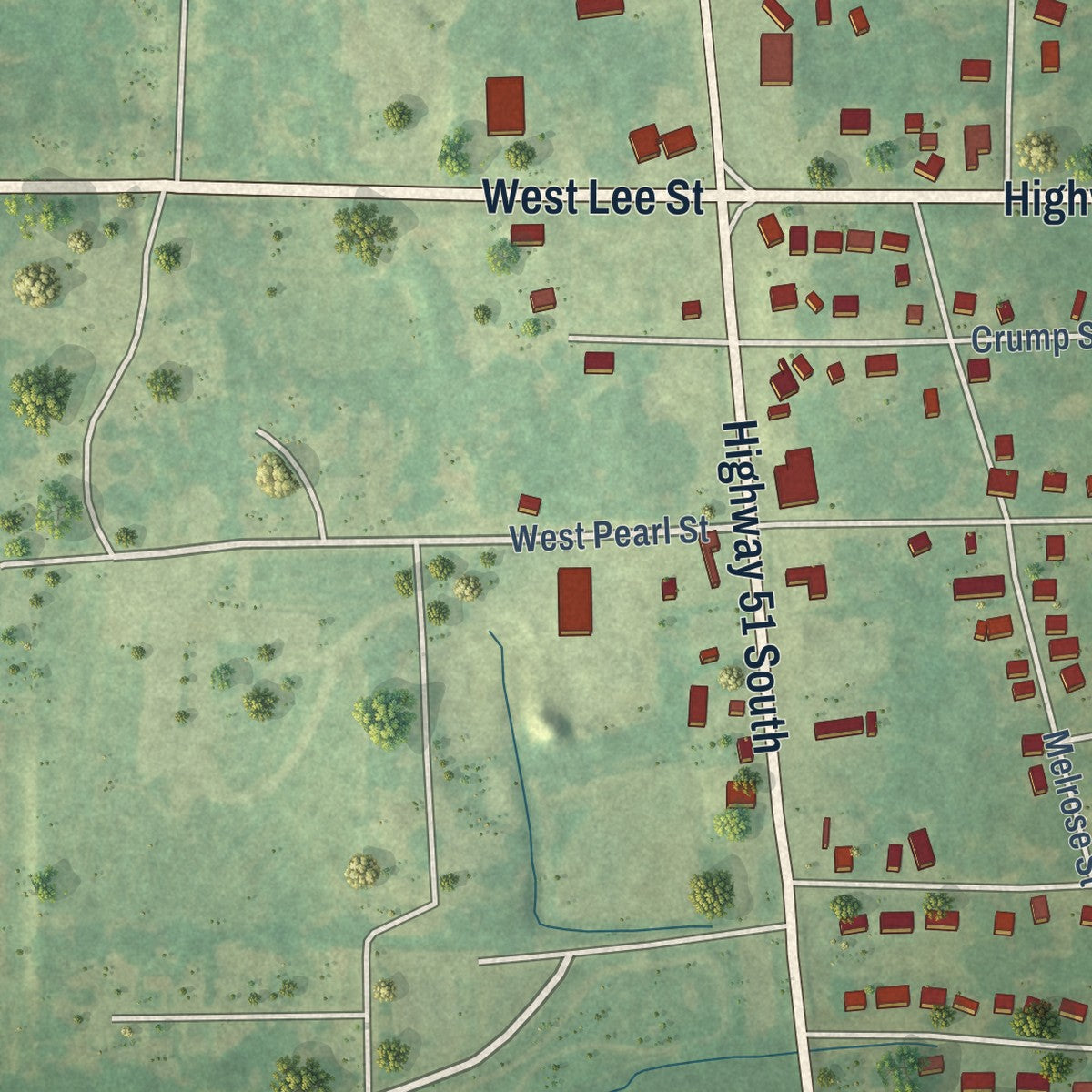 Second close-up of the map of Sardis, Mississippi print showing more streets and buildings