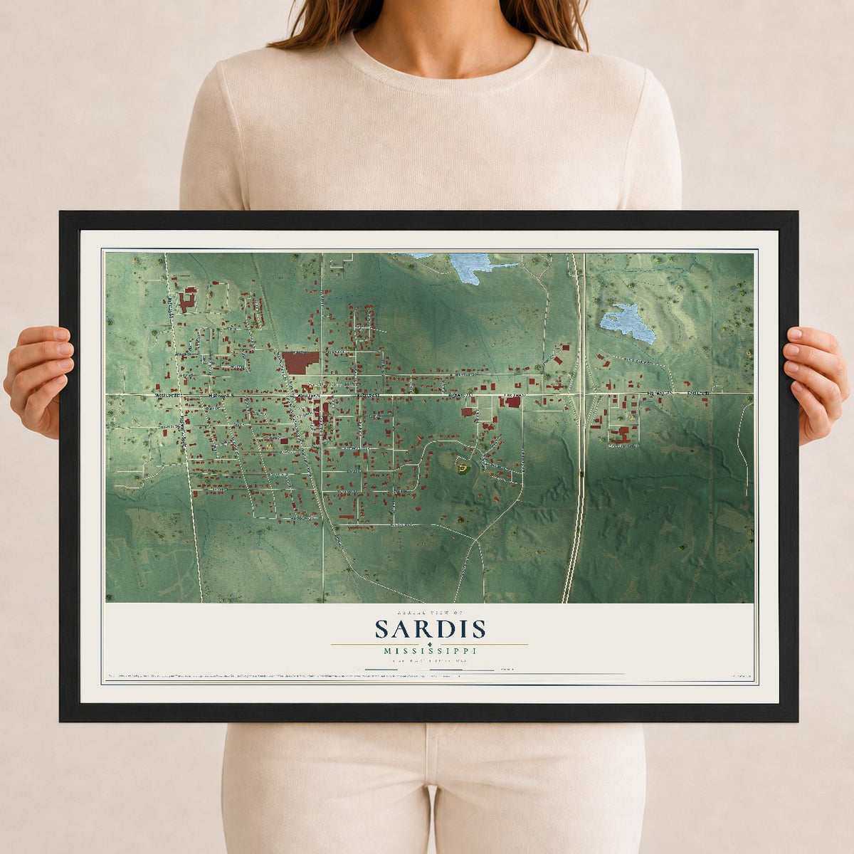 Map of Sardis, Mississippi, 12 x 18 inch print in a black wood frame