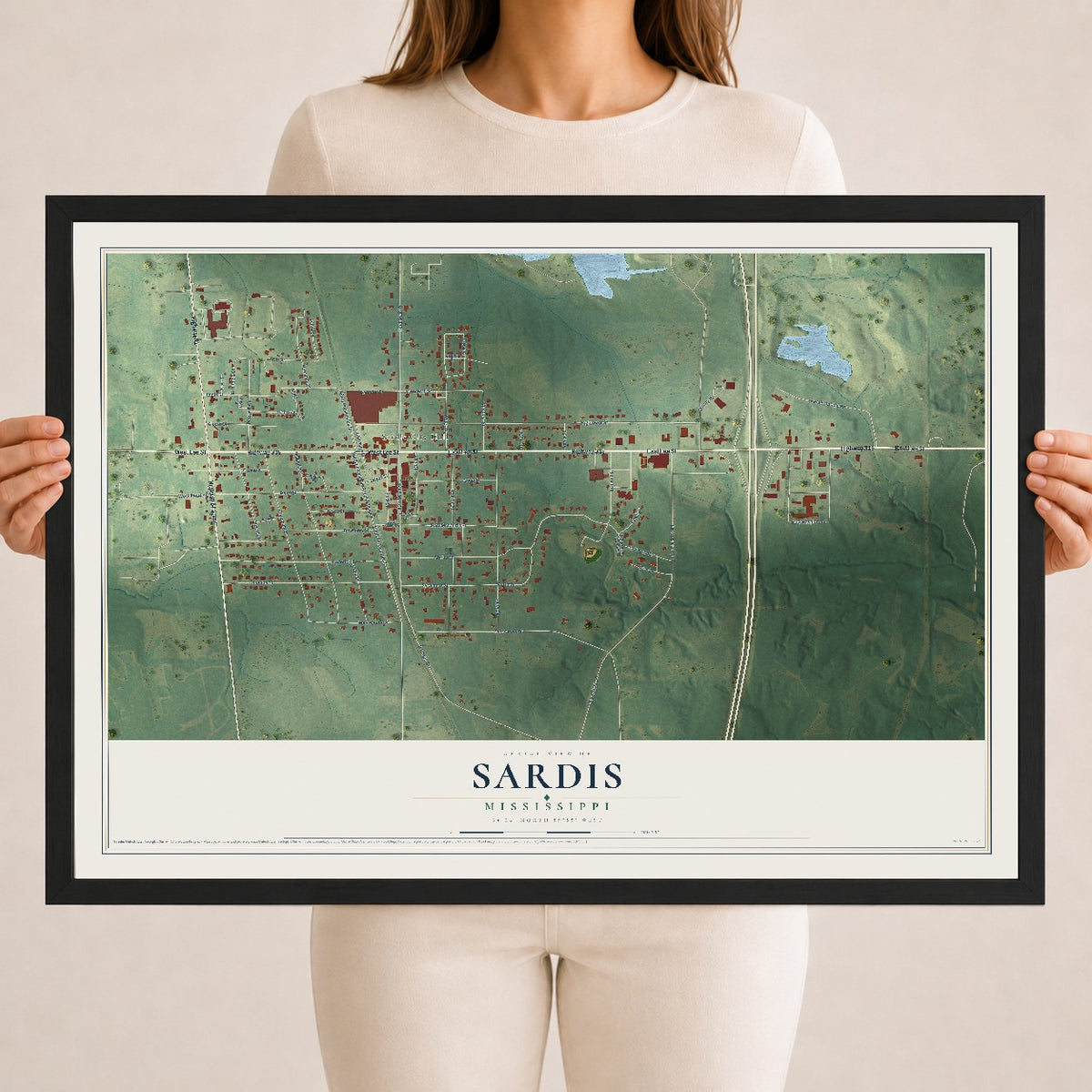 Map of Sardis, Mississippi, 18 x 24 inch print in a black wood frame