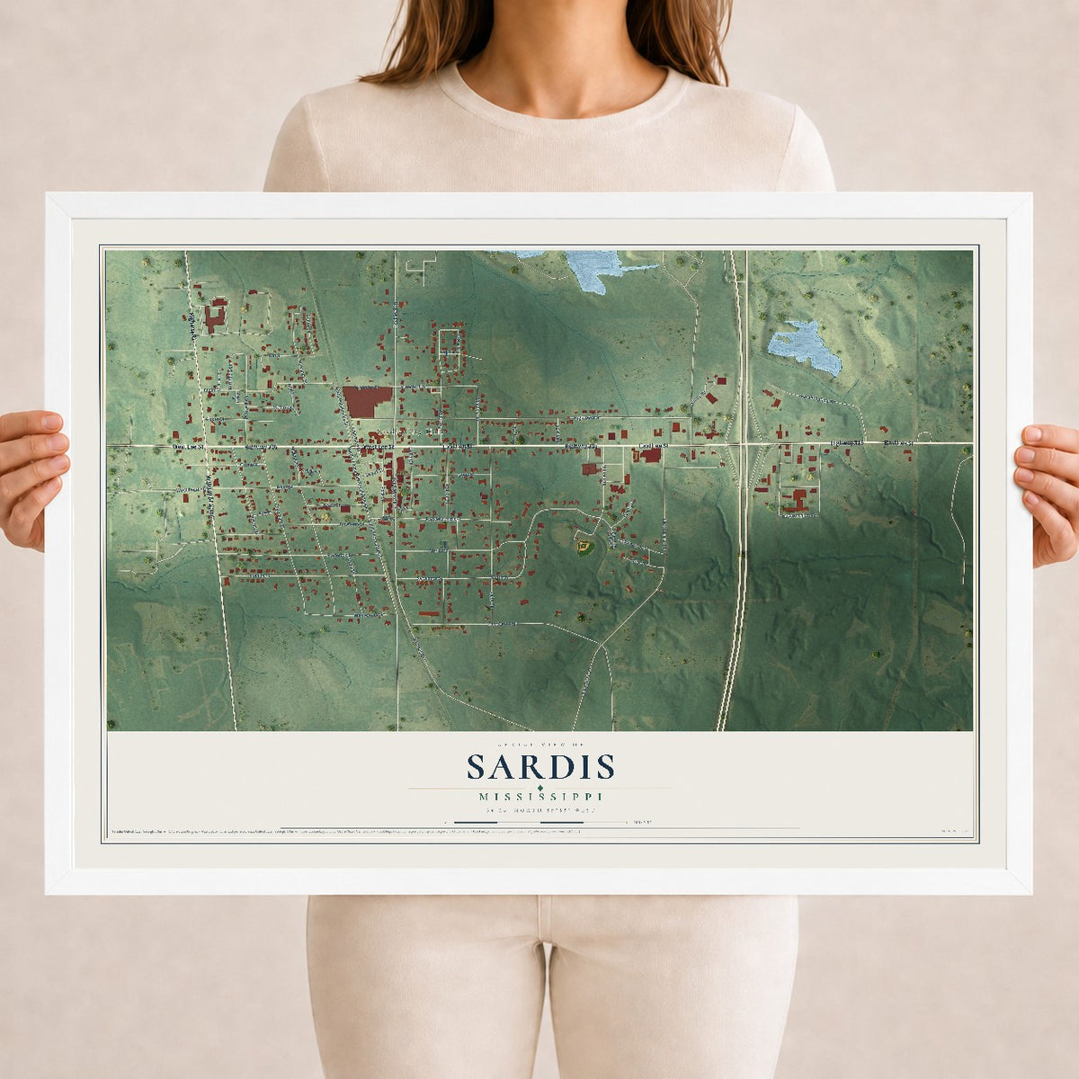 Map of Sardis, Mississippi, 18 x 24 inch print in a white wood frame