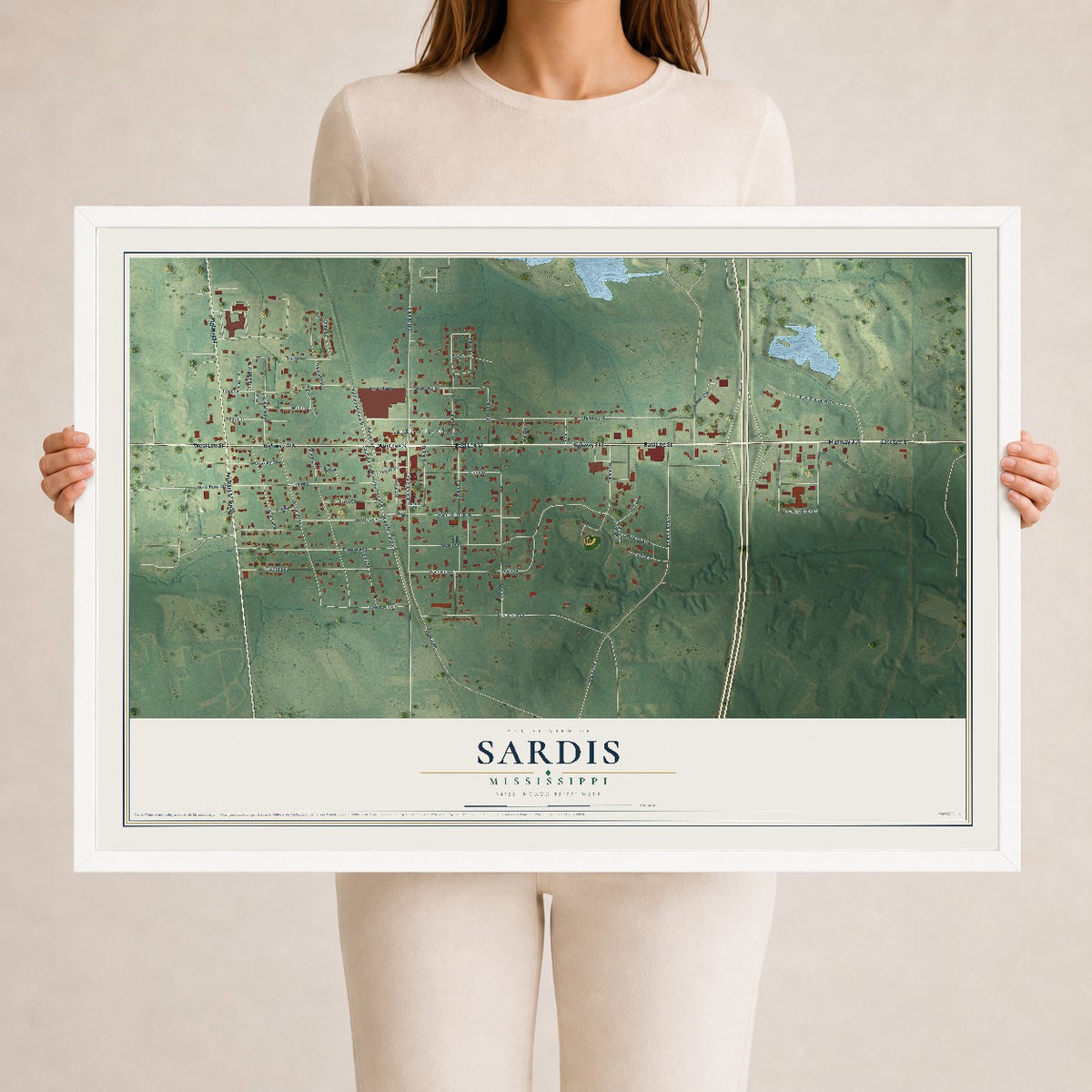 Map of Sardis, Mississippi, 24 x 36 inch print in a white wood frame