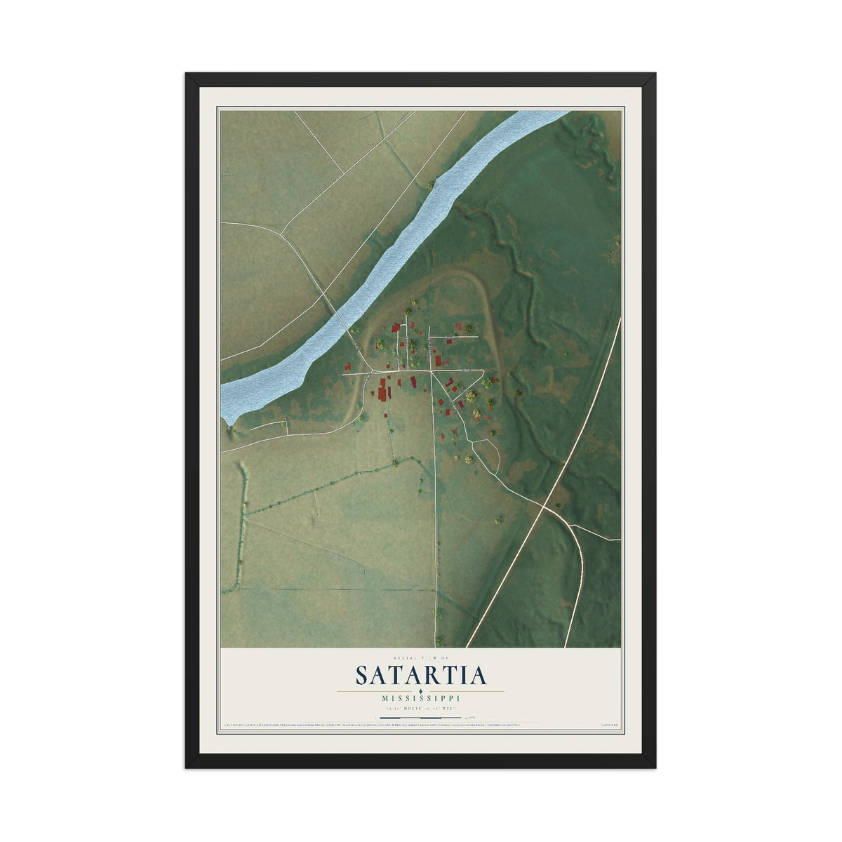 Map of Satartia, Mississippi, 12 x 18 inch print in a black wood frame