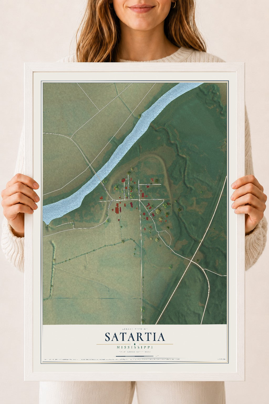 Map of Satartia, Mississippi, 18 x 24 inch print in a white wood frame