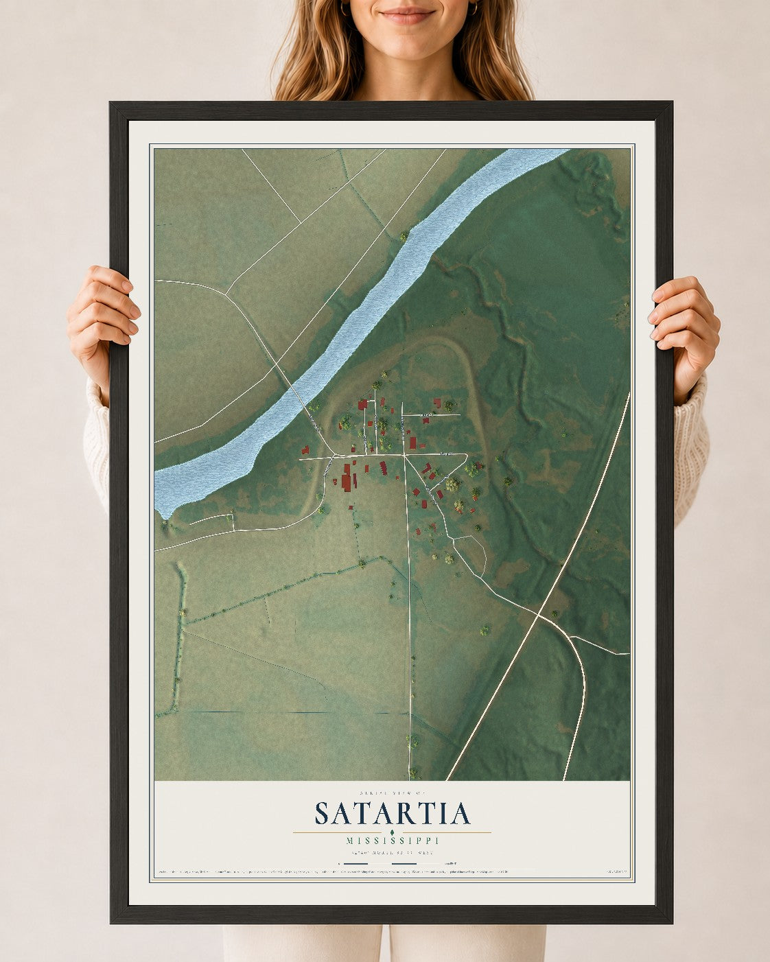 Map of Satartia, Mississippi, 24 x 36 inch print in a black wood frame