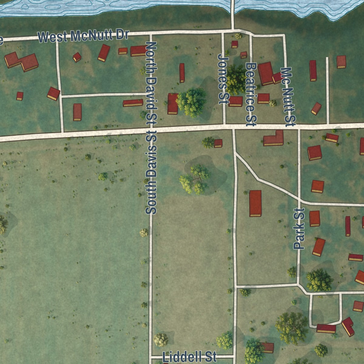 Close-up of the map of Schlater, Mississippi print showing street and building detail