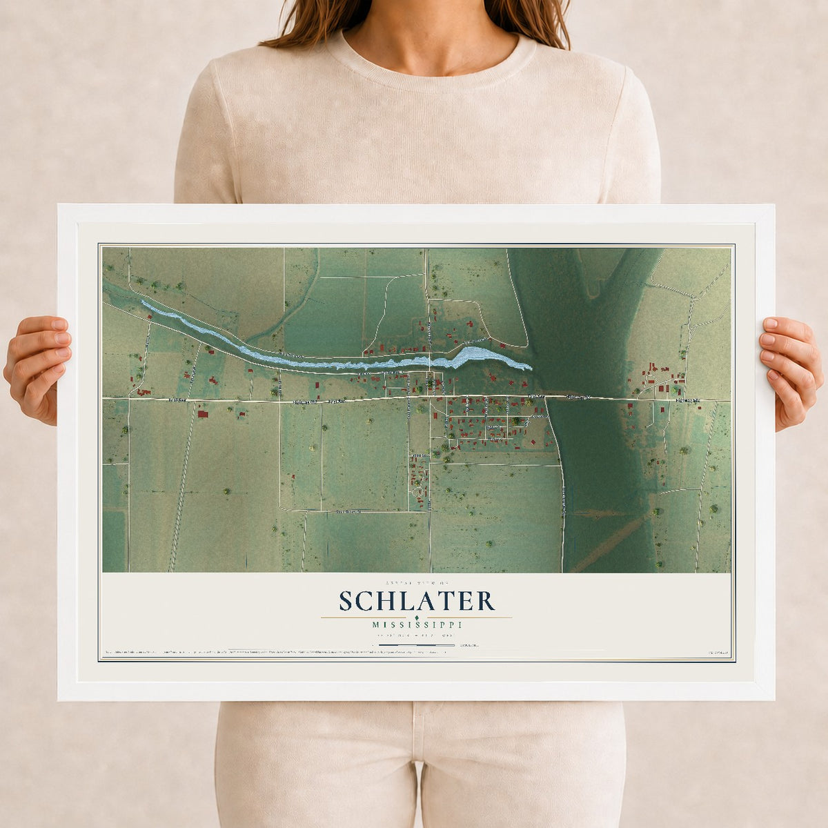 Map of Schlater, Mississippi, 12 x 18 inch print in a white wood frame