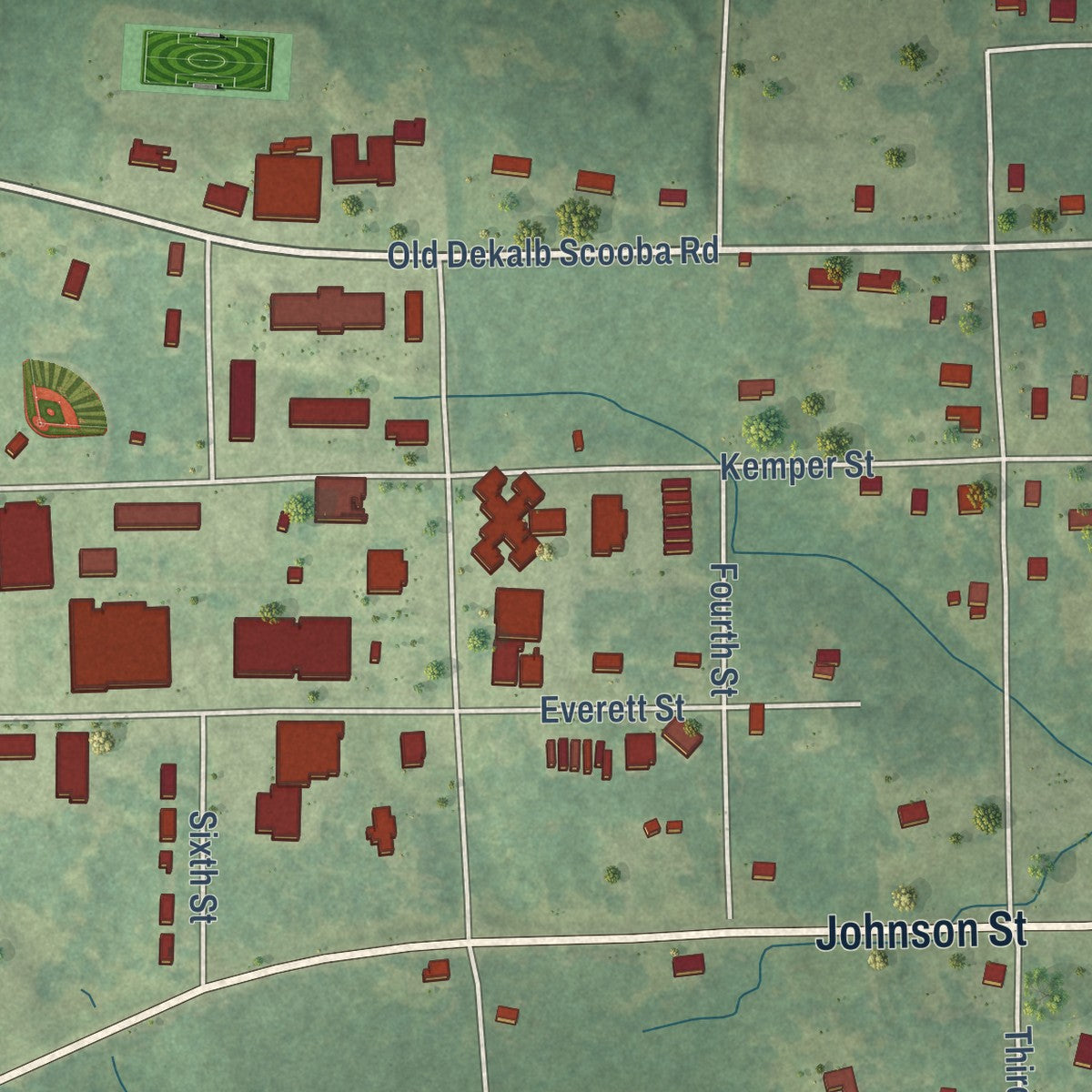 Close-up of the map of Scooba, Mississippi print showing street and building detail