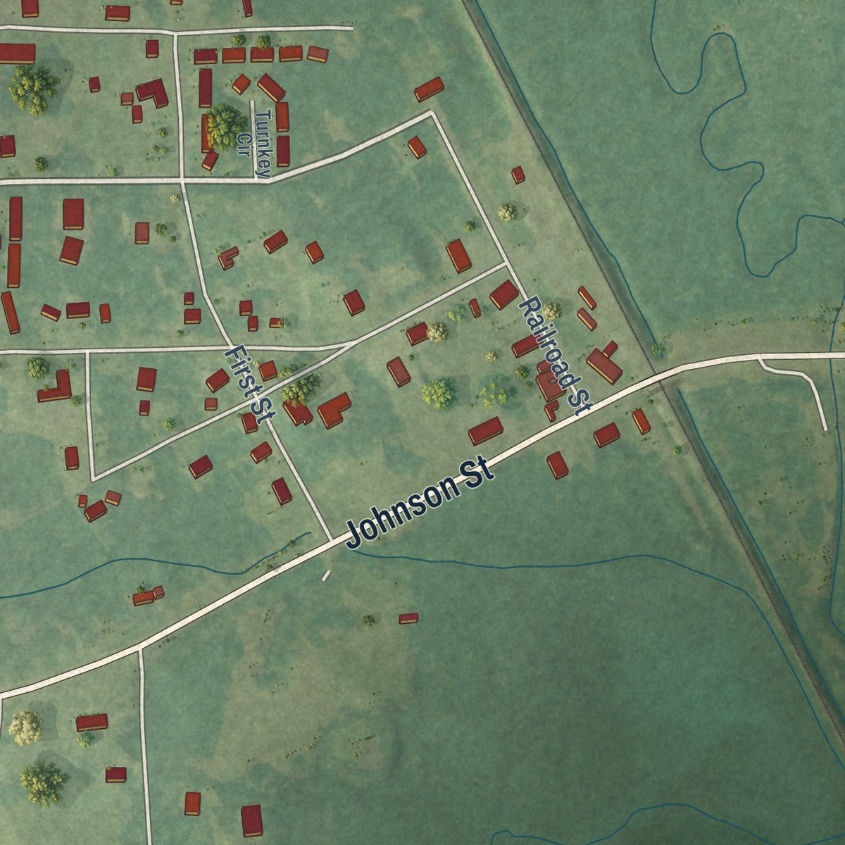 Second close-up of the map of Scooba, Mississippi print showing more streets and buildings