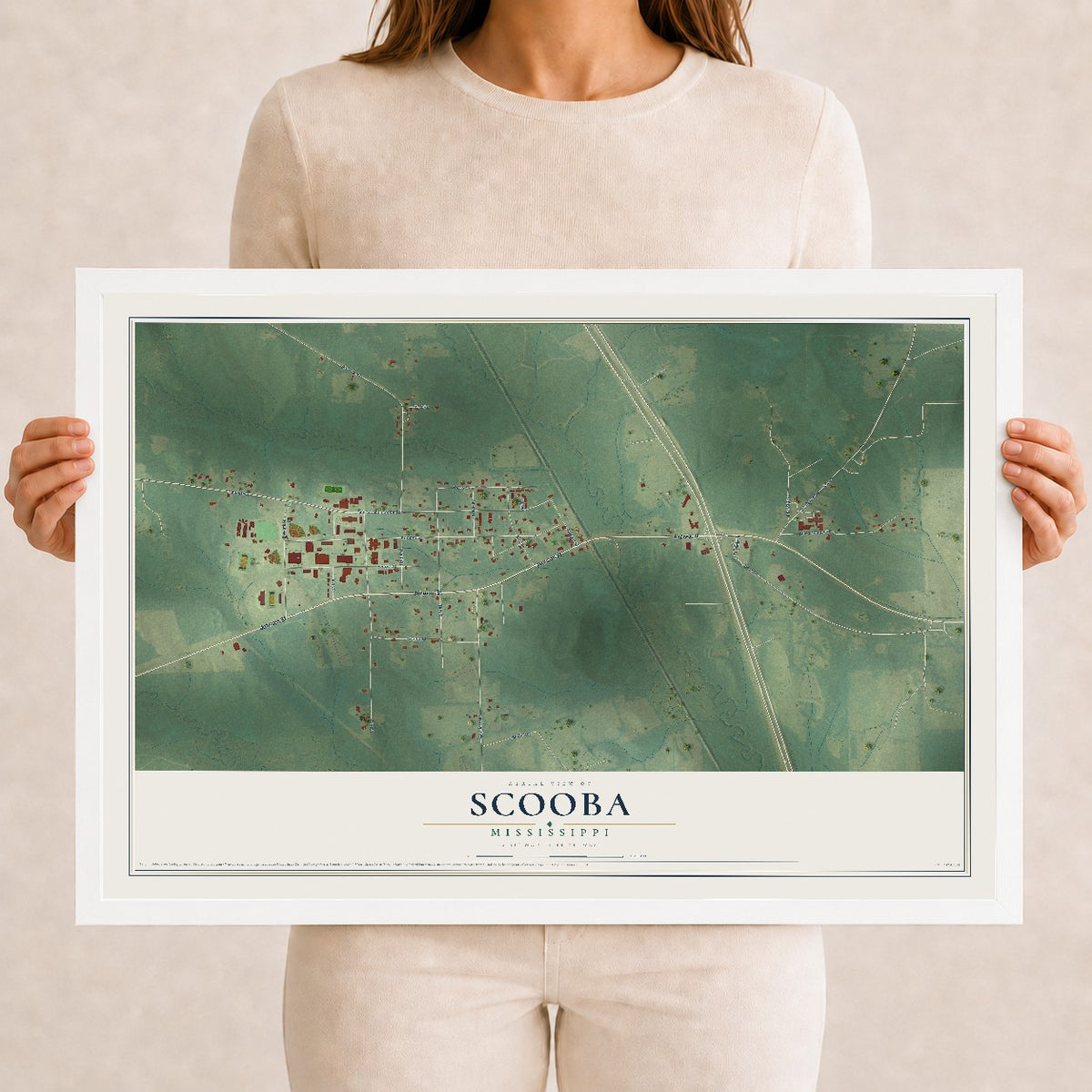 Map of Scooba, Mississippi, 12 x 18 inch print in a white wood frame