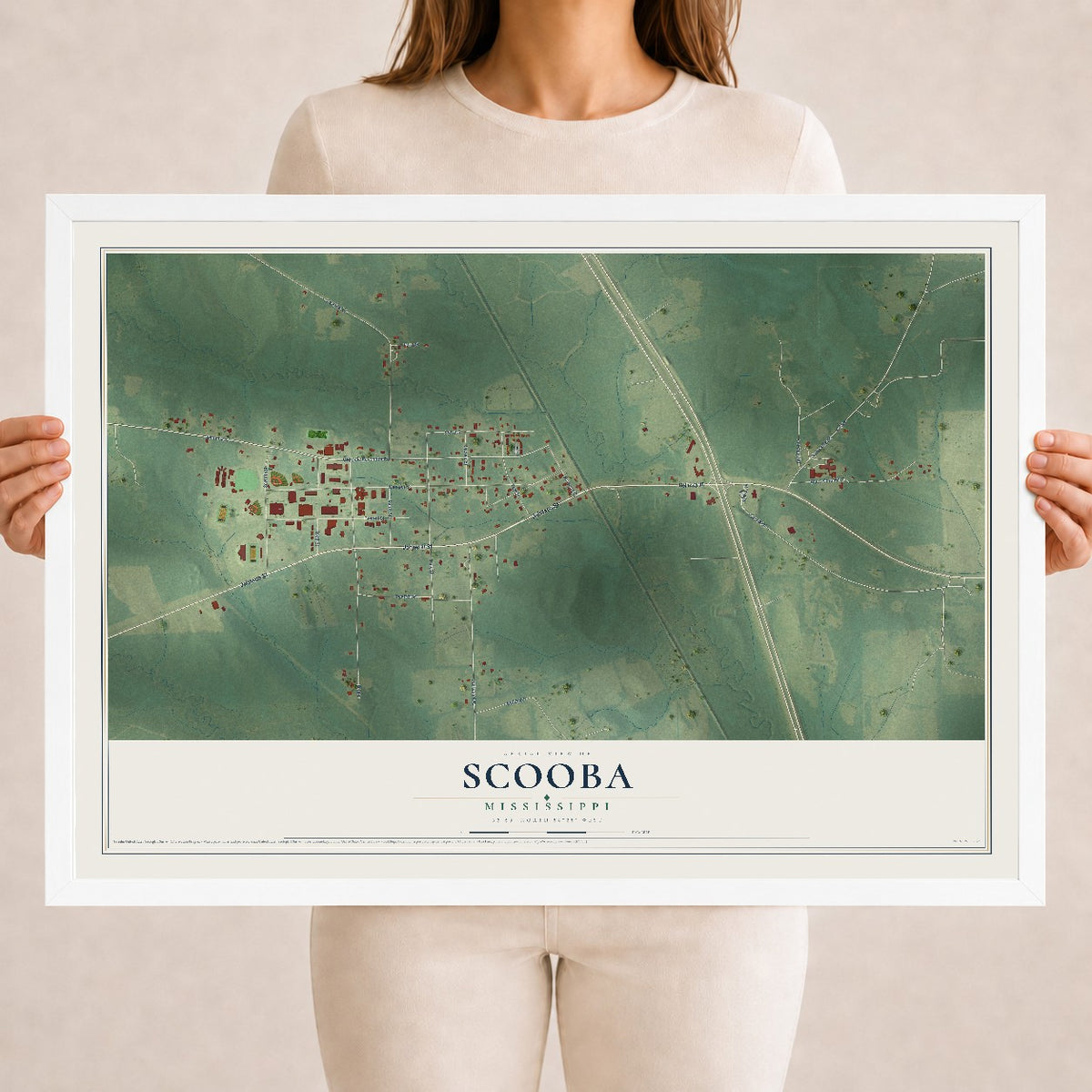 Map of Scooba, Mississippi, 18 x 24 inch print in a white wood frame