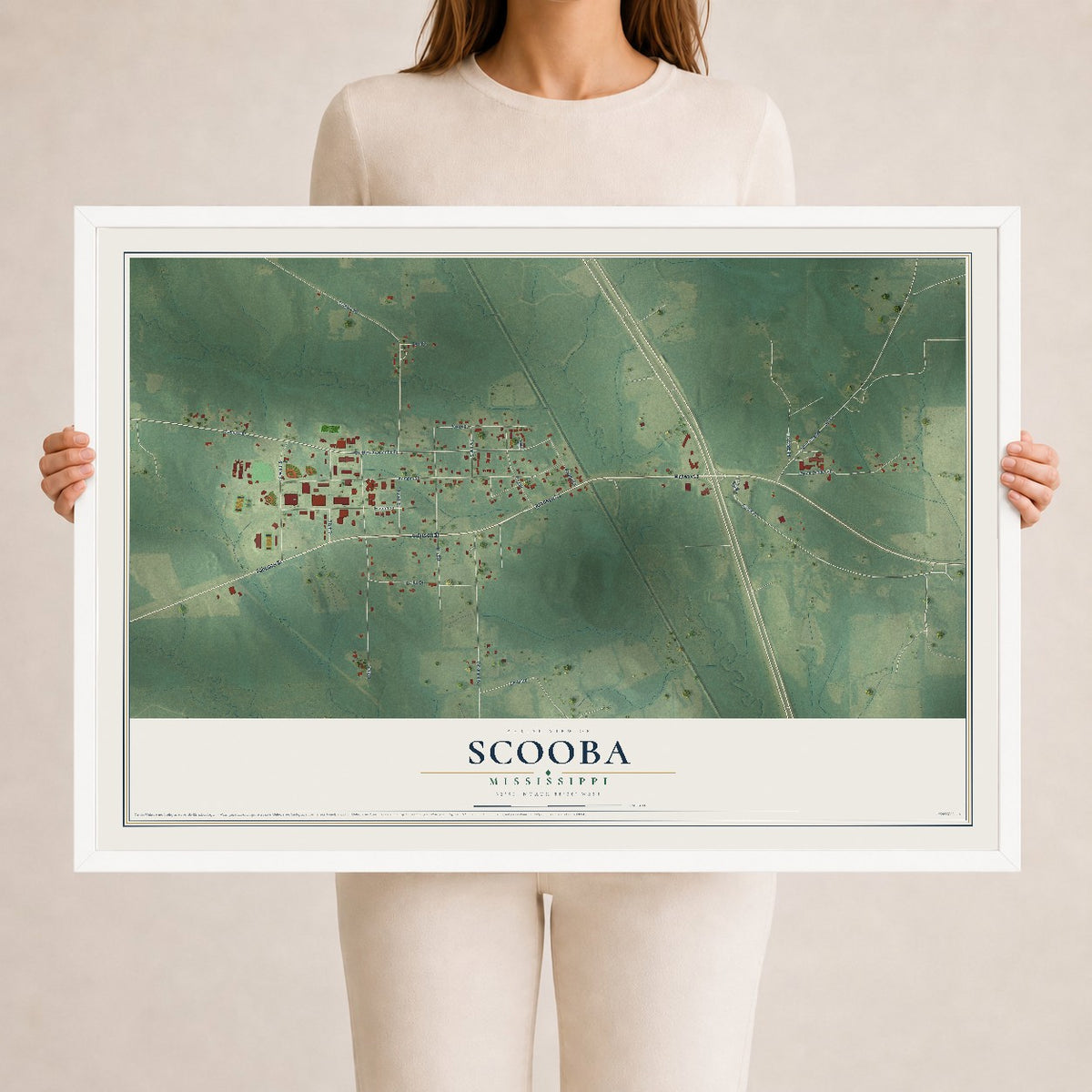 Map of Scooba, Mississippi, 24 x 36 inch print in a white wood frame