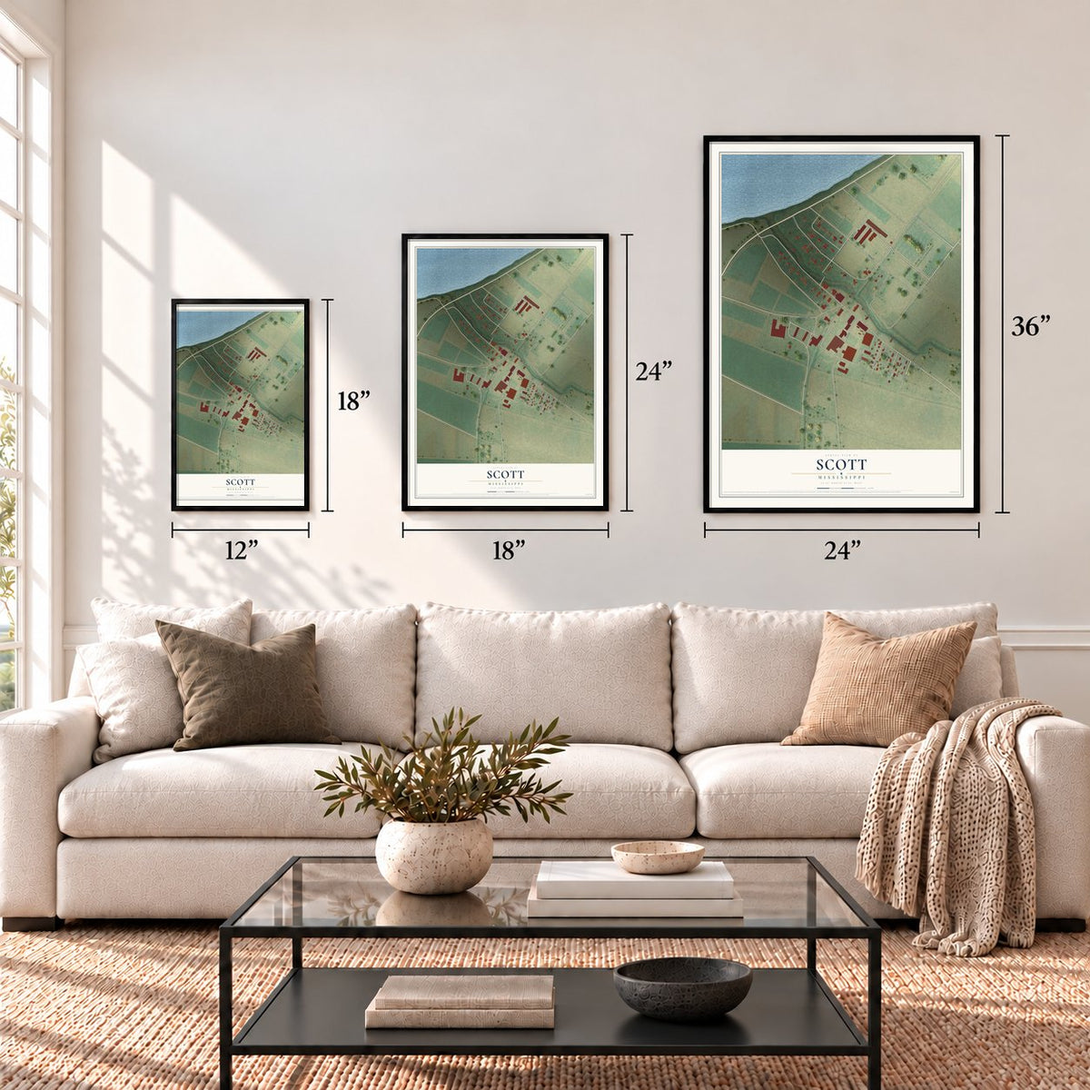 Scott, Mississippi map in 12 x 18, 18 x 24 and 24 x 36 inch sizes above a sofa