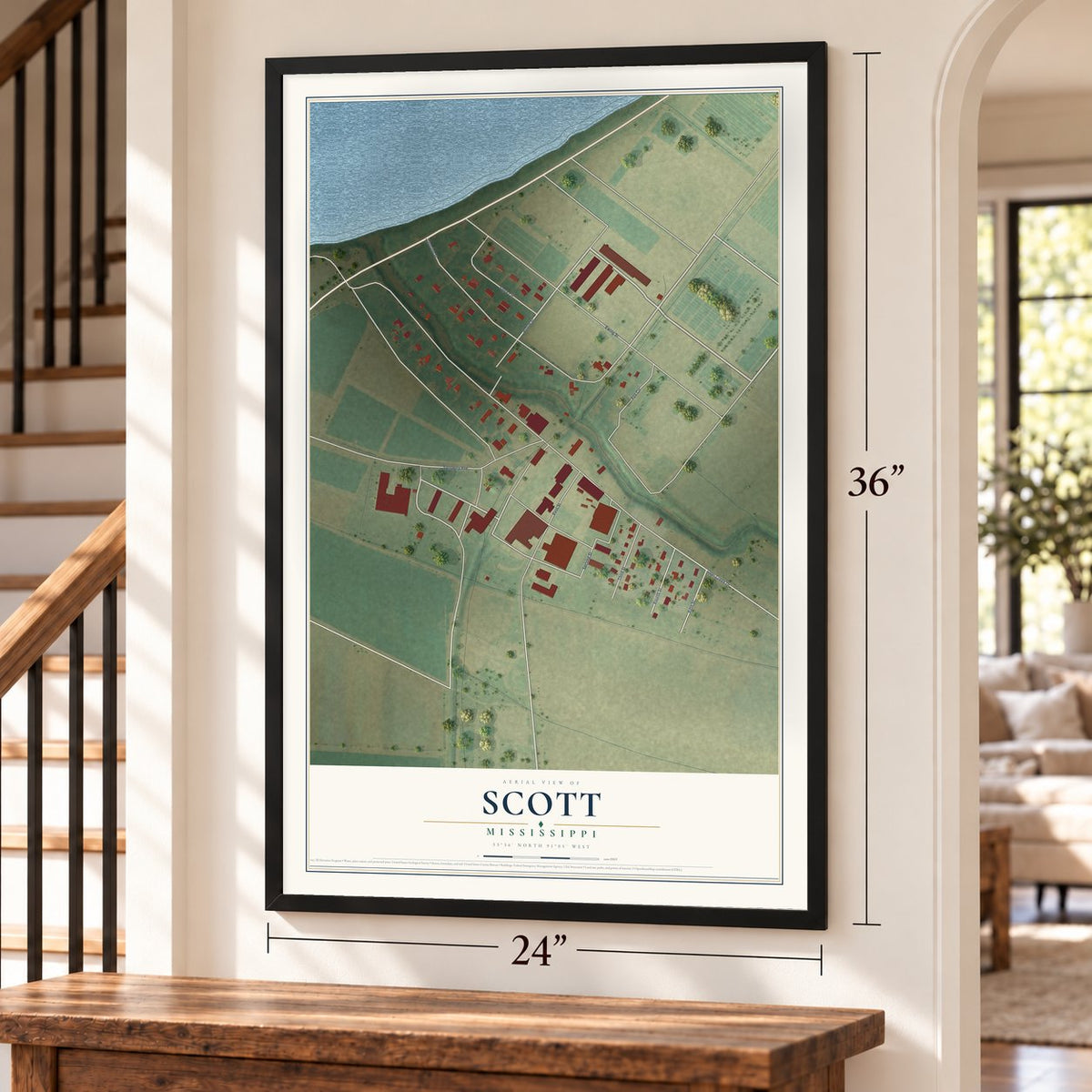 Scott, Mississippi map, 24 x 36 inch print in a black frame by a staircase