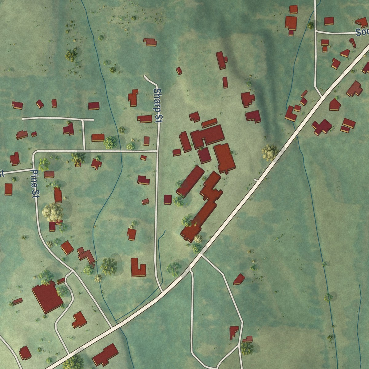 Close-up of the map of Sebastopol, Mississippi print showing street and building detail