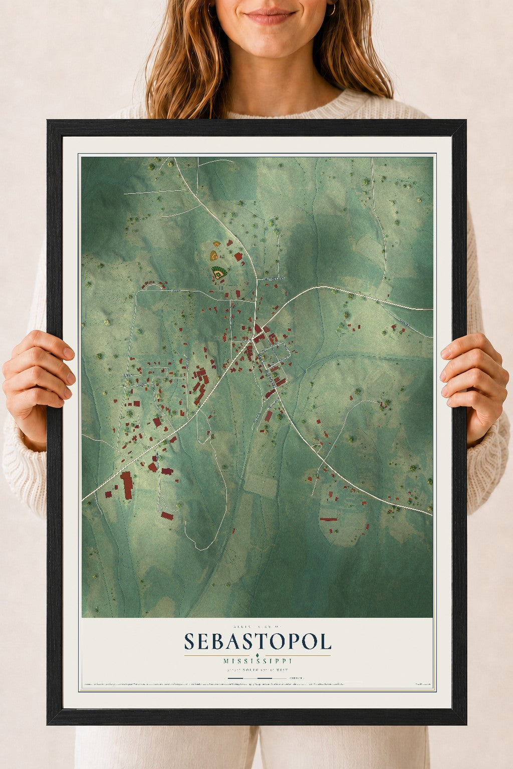 Map of Sebastopol, Mississippi, 18 x 24 inch print in a black wood frame