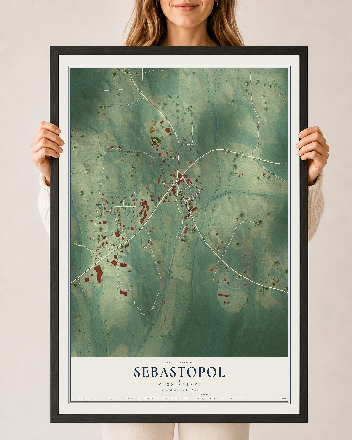 Map of Sebastopol, Mississippi, 24 x 36 inch print in a black wood frame