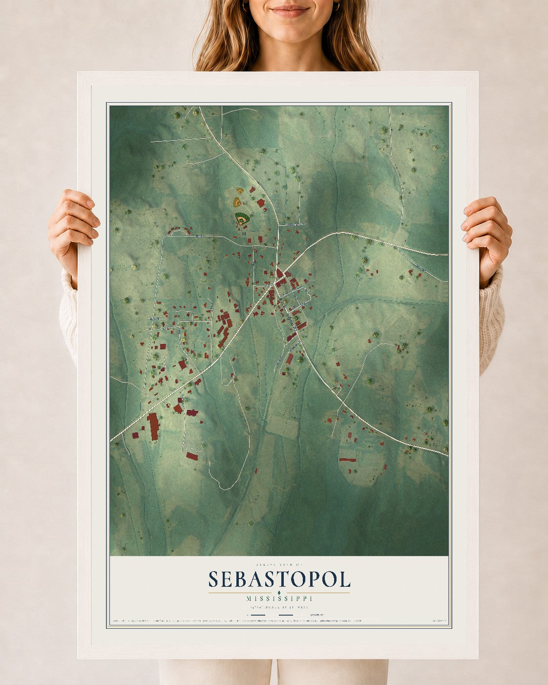 Map of Sebastopol, Mississippi, 24 x 36 inch print in a white wood frame
