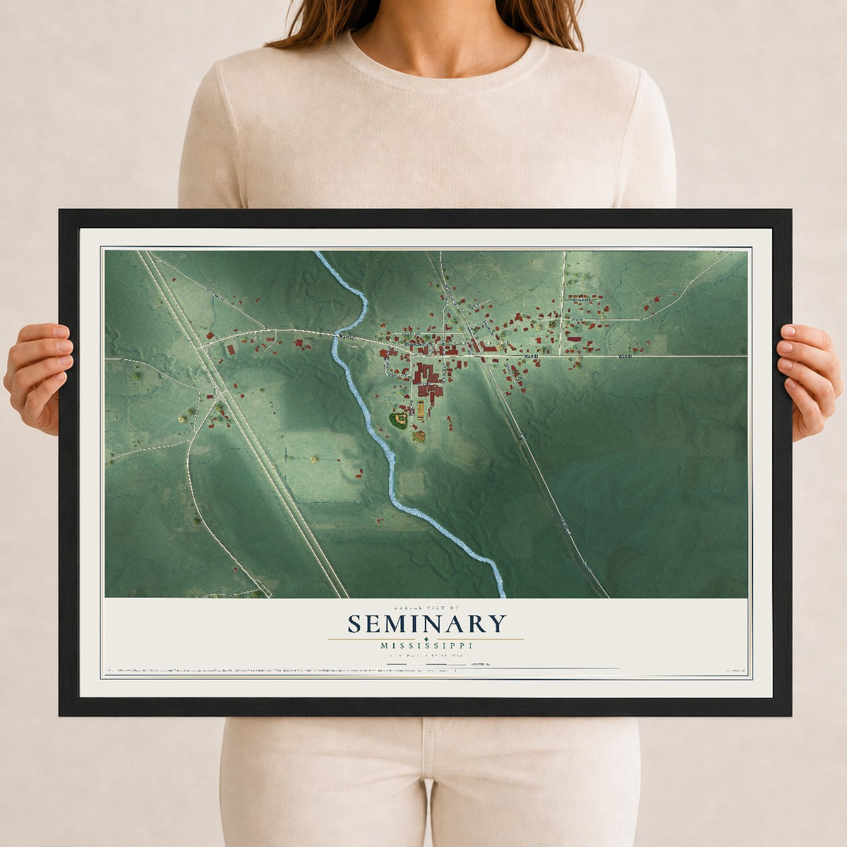 Map of Seminary, Mississippi, 12 x 18 inch print in a black wood frame