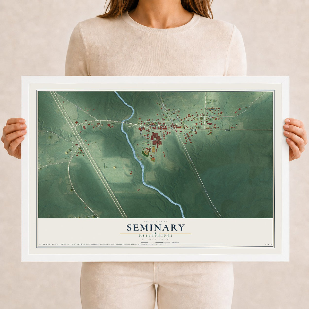 Map of Seminary, Mississippi, 12 x 18 inch print in a white wood frame