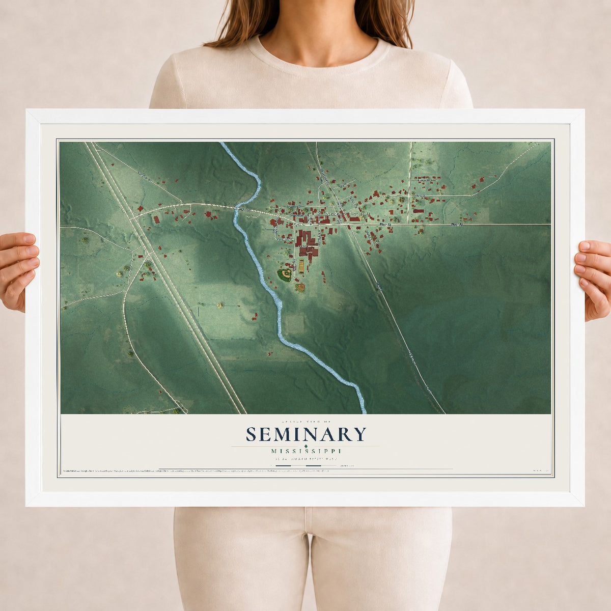 Map of Seminary, Mississippi, 18 x 24 inch print in a white wood frame