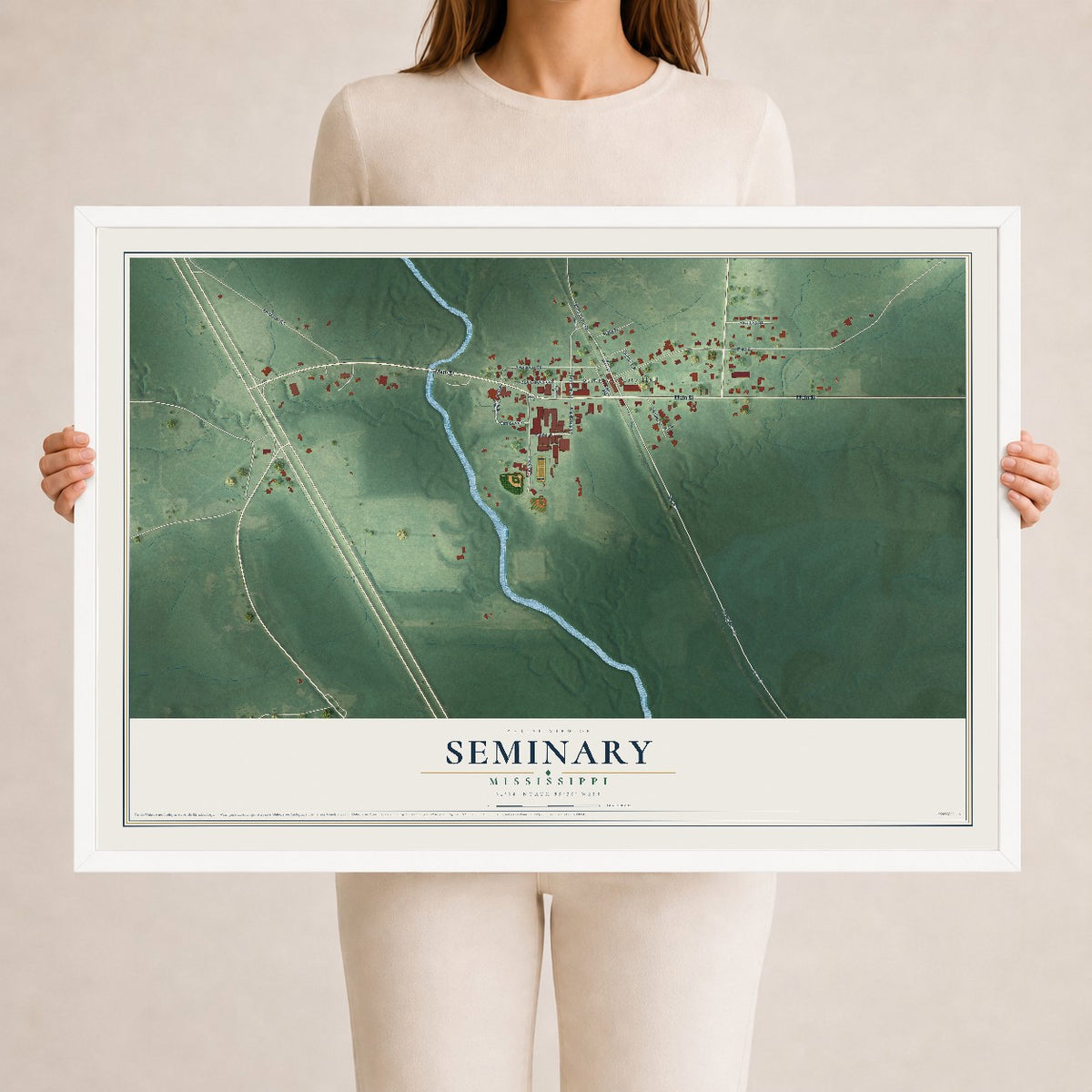 Map of Seminary, Mississippi, 24 x 36 inch print in a white wood frame