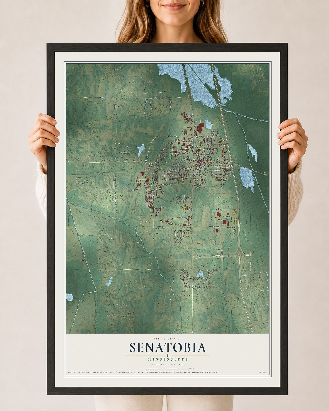 Map of Senatobia, Mississippi, 24 x 36 inch print in a black wood frame