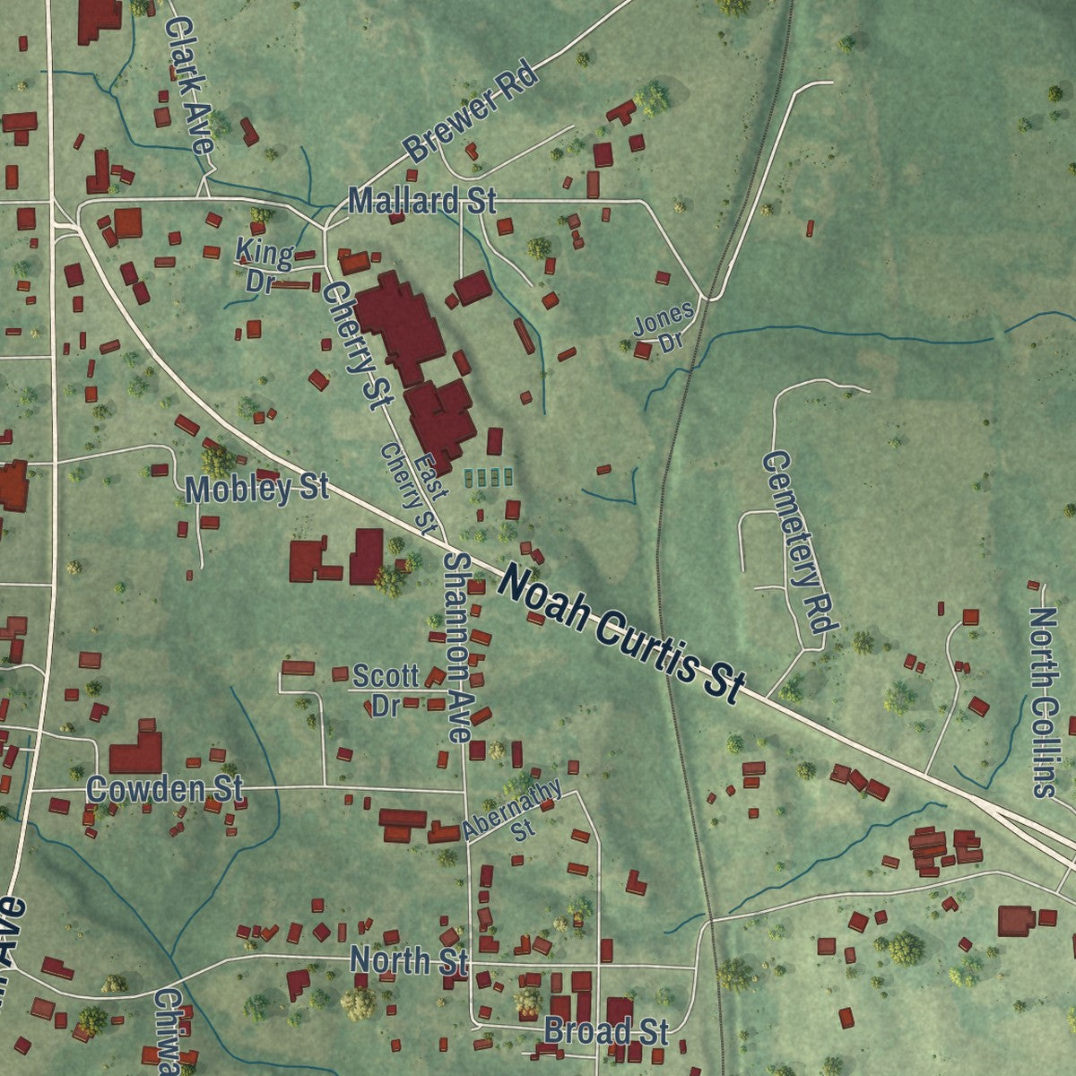 Close-up of the map of Shannon, Mississippi print showing street and building detail