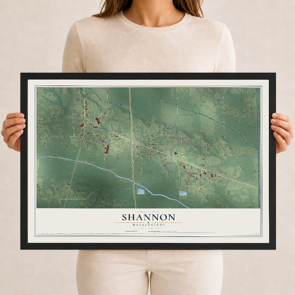 Map of Shannon, Mississippi, 12 x 18 inch print in a black wood frame