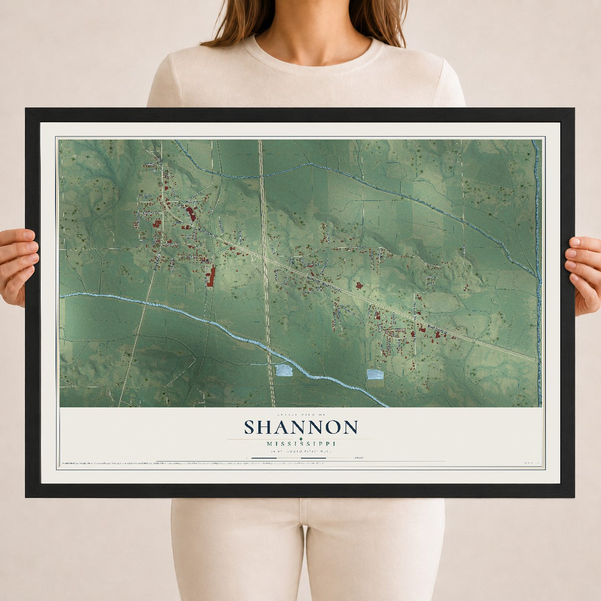 Map of Shannon, Mississippi, 18 x 24 inch print in a black wood frame