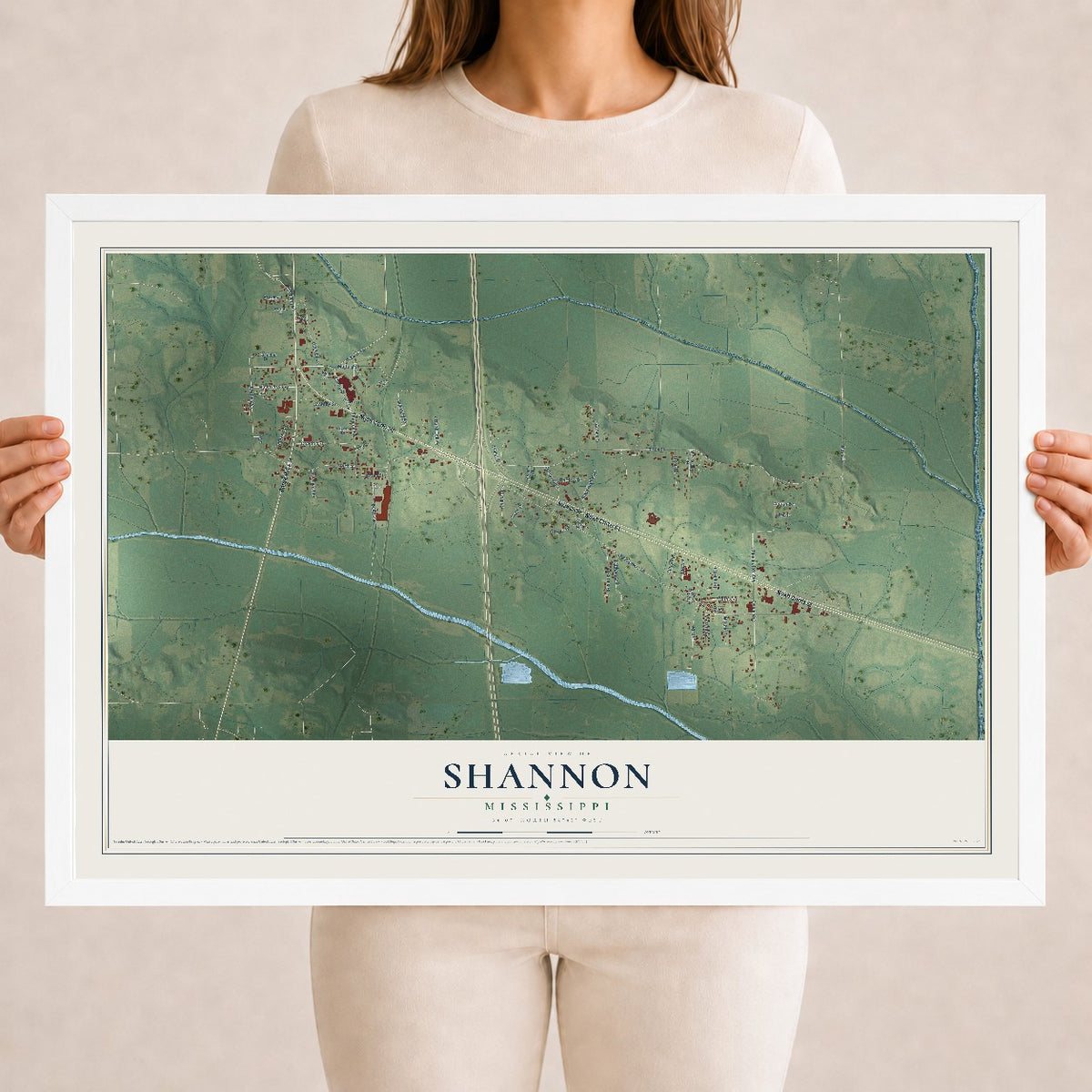 Map of Shannon, Mississippi, 18 x 24 inch print in a white wood frame