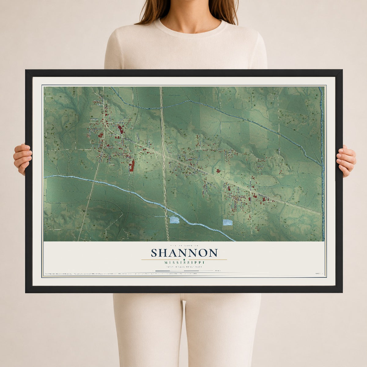 Map of Shannon, Mississippi, 24 x 36 inch print in a black wood frame