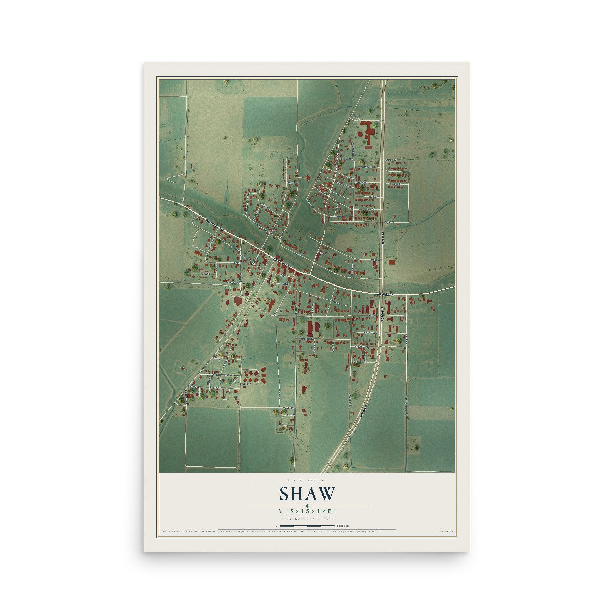 Map of Shaw, Mississippi, 12 x 18 inch unframed archival matte print