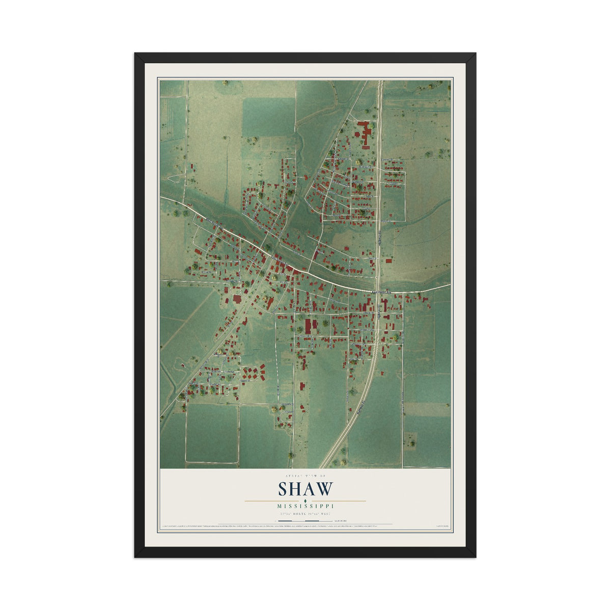 Map of Shaw, Mississippi, 12 x 18 inch print in a black wood frame