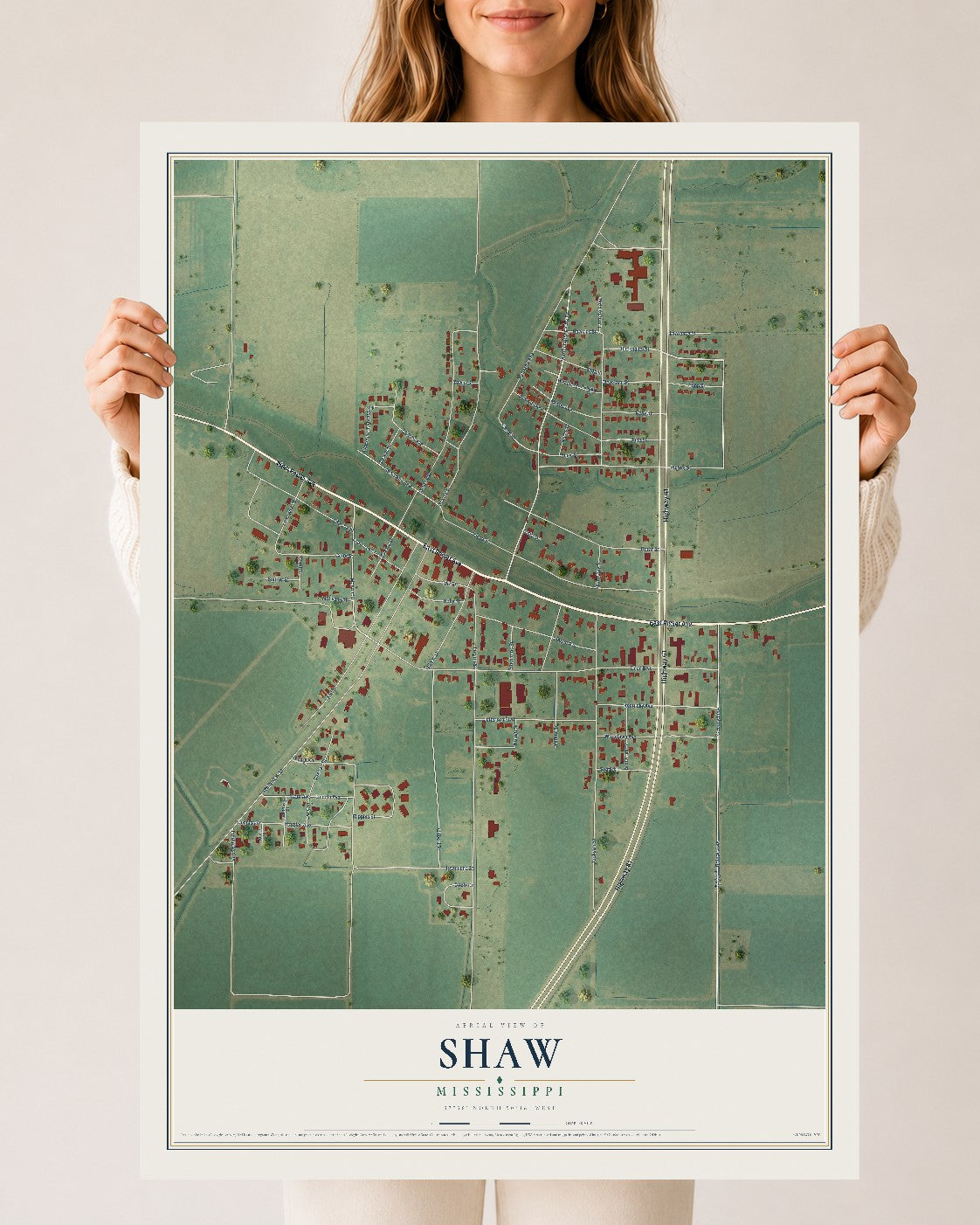 Map of Shaw, Mississippi, 24 x 36 inch unframed archival matte print