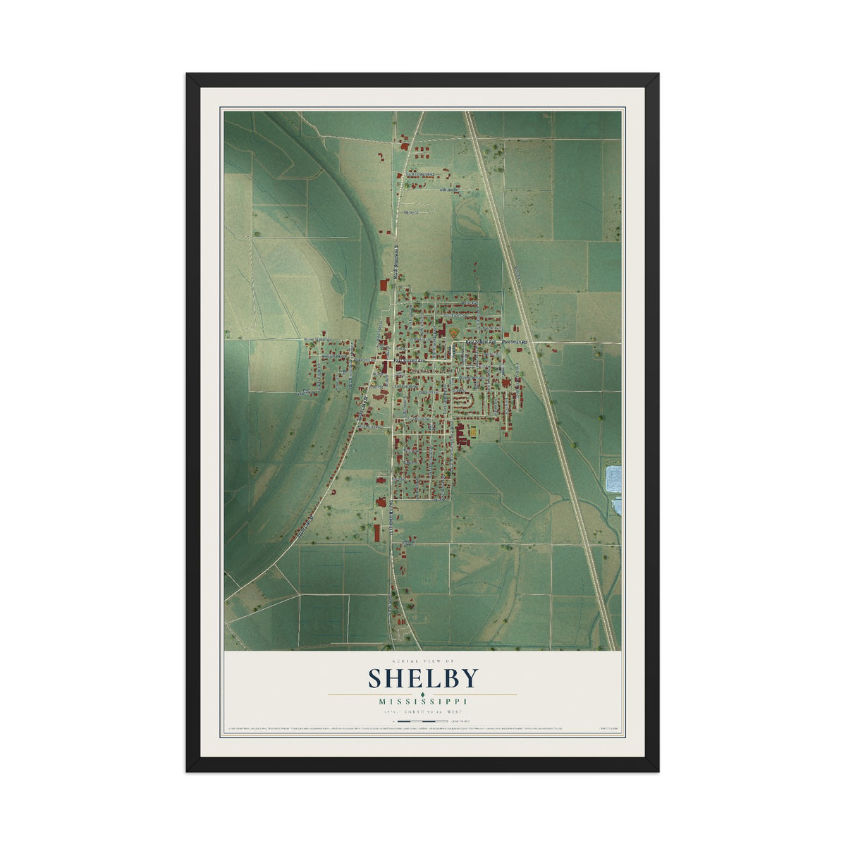 Map of Shelby, Mississippi, 12 x 18 inch print in a black wood frame