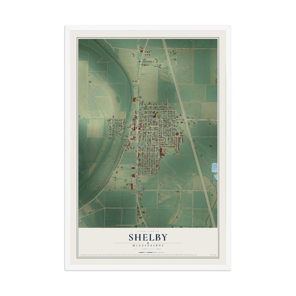 Map of Shelby, Mississippi, 12 x 18 inch print in a white wood frame
