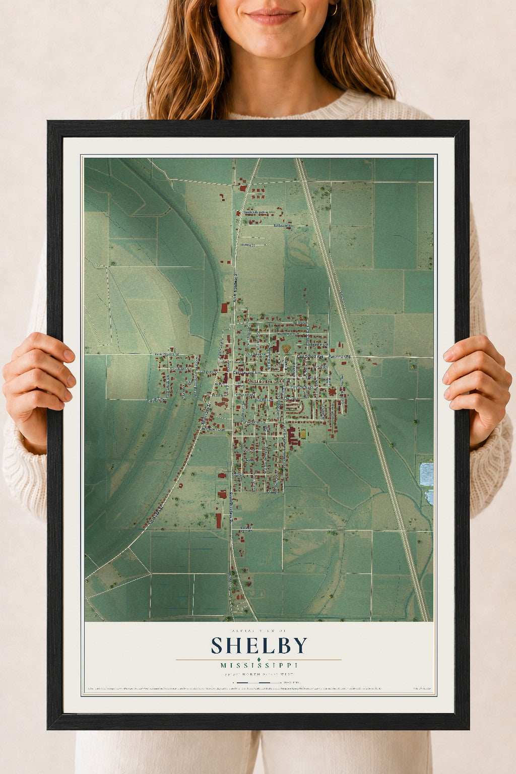 Map of Shelby, Mississippi, 18 x 24 inch print in a black wood frame